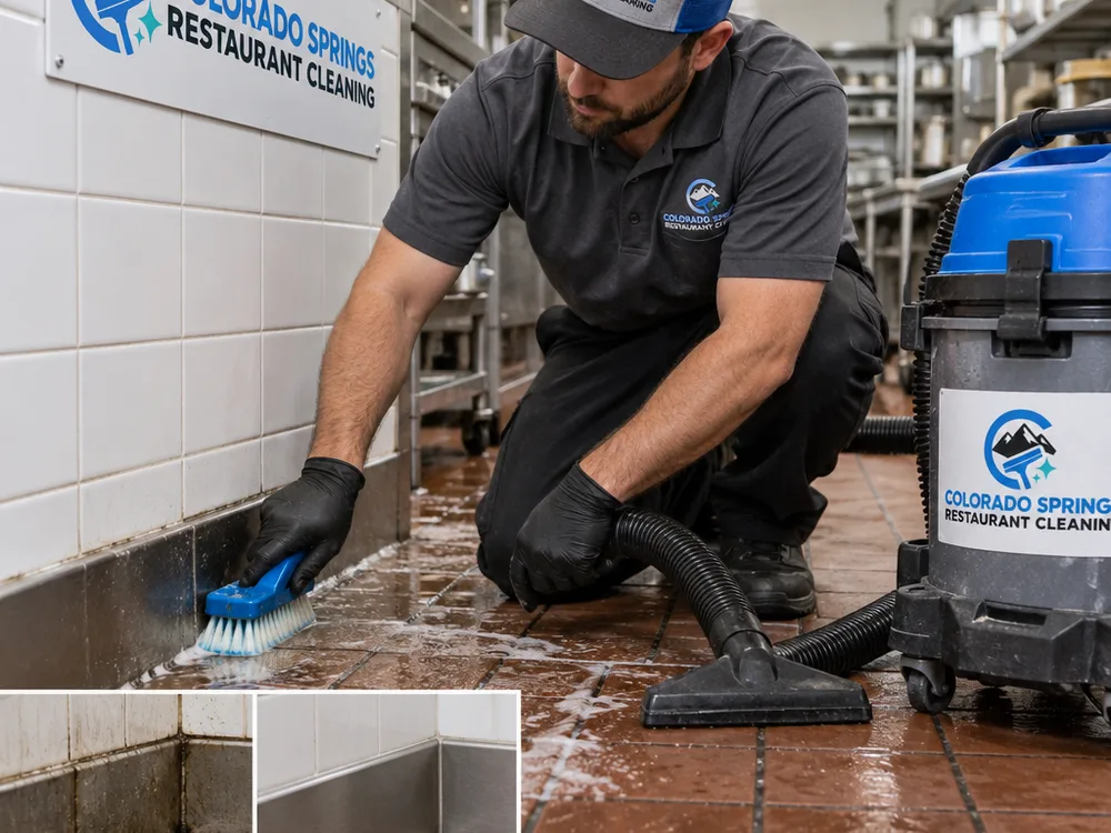 Cleaner scrubbing grout lines and baseboards along a commercial kitchen wall with a deck brush and wet vac nearby