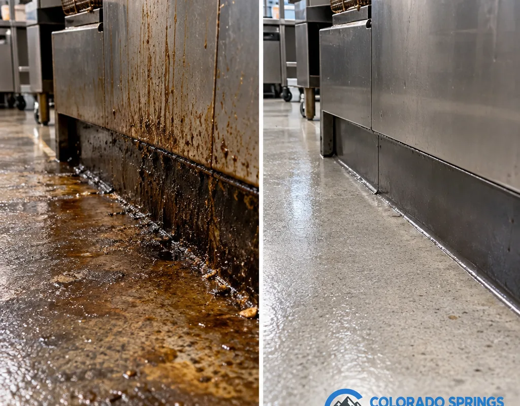 Before-and-after comparison of a fryer-side floor edge and baseboard