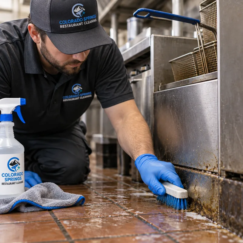 Technician hand-cleaning greasy buildup along a commercial kitchen floor edge near a fryer station