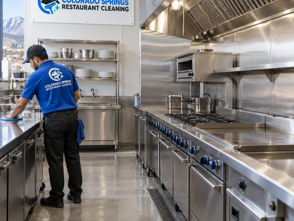 Clean commercial cook line with wiped stainless surfaces and dry, scrubbed floors