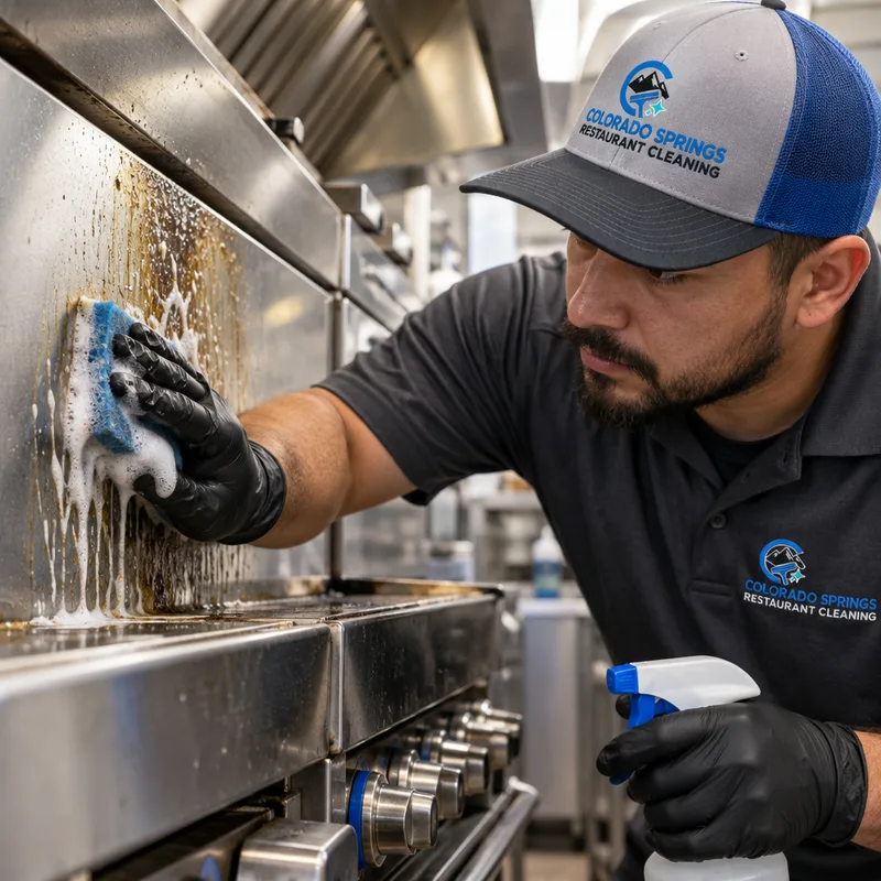 Degreasing detail on stainless equipment seams, handles, and backsplash near a commercial cook line