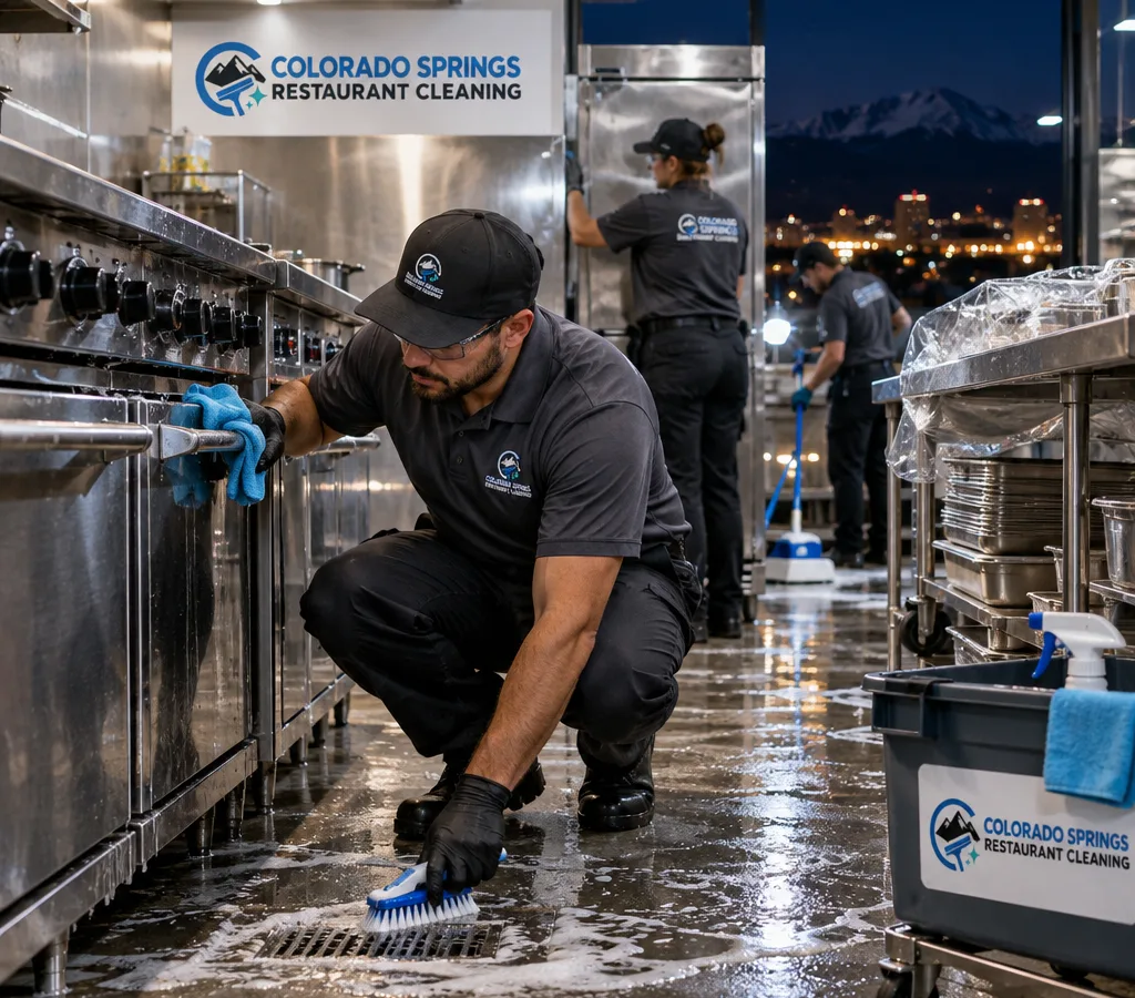 Cleaner detailing stainless surfaces, floor drains, and equipment exteriors in a Colorado Springs restaurant kitchen at night
