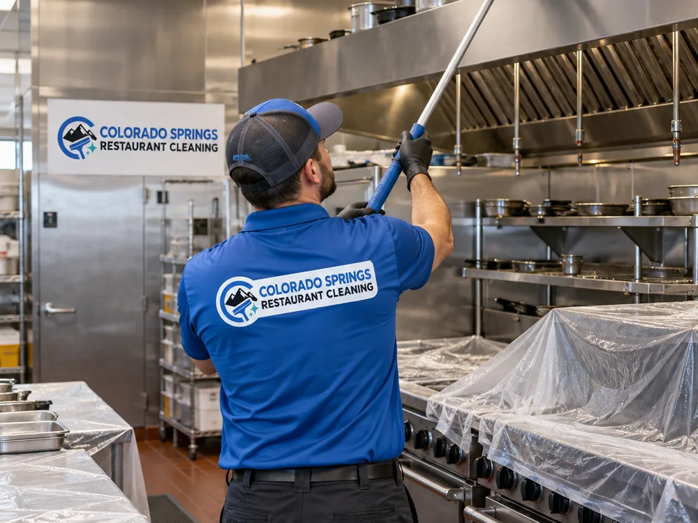 Cleaner performing high dusting above a commercial cook line with prep surfaces protected