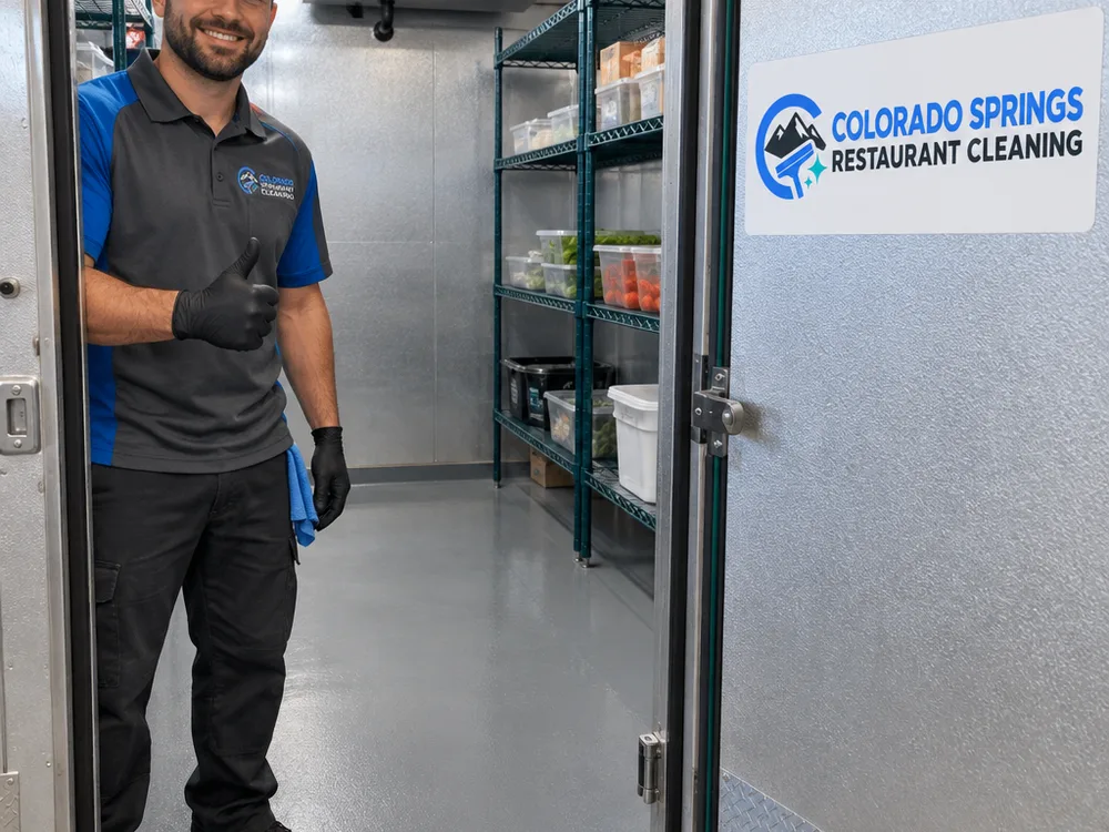 Organized walk-in cooler with cleaned floor, shelving, door gasket, and threshold