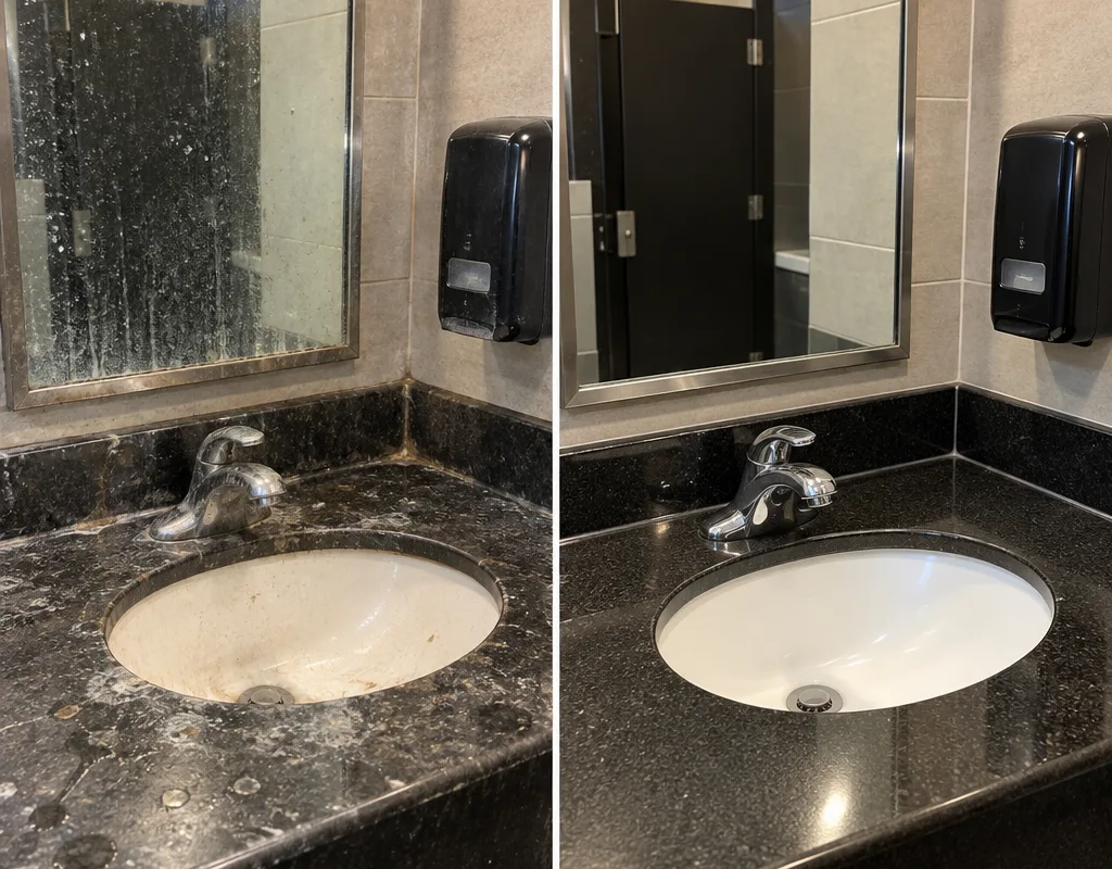 Side-by-side view of a restaurant restroom sink area before and after: mirror and fixtures polished, counter disinfected, and corners detailed.