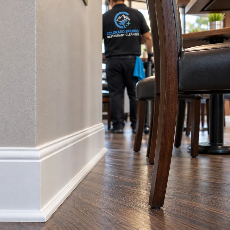 Close-up of cleaned dining room baseboards and chair legs with visible dust removed from corners and edges.