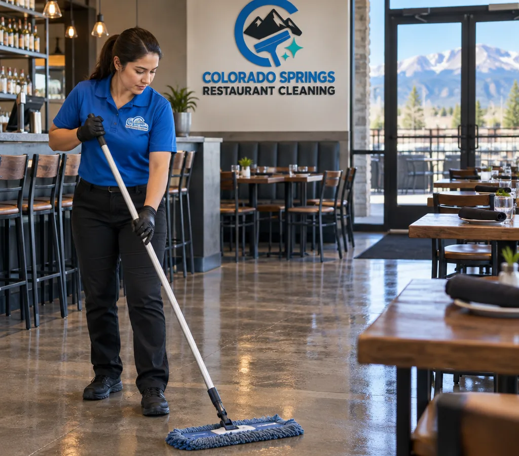 Front of house restaurant cleaner mopping a dining room floor while tables and chairs are staged, with a bar and entry area visible in the background.