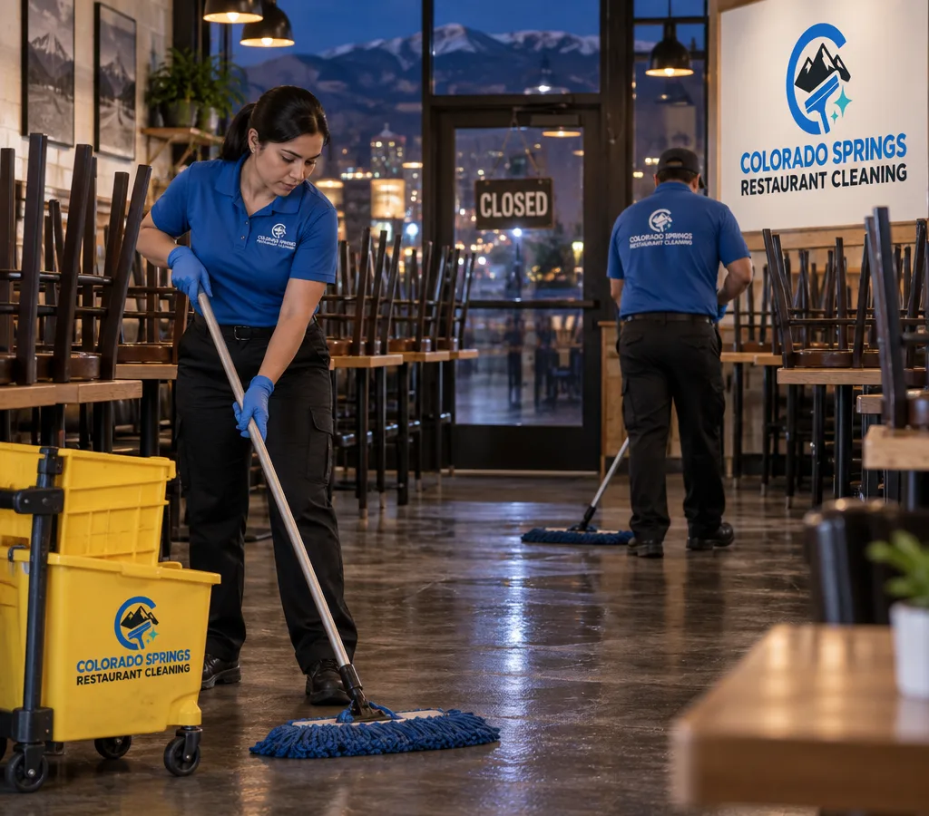 After-hours janitorial team mopping a restaurant dining room with chairs raised and closed signage visible