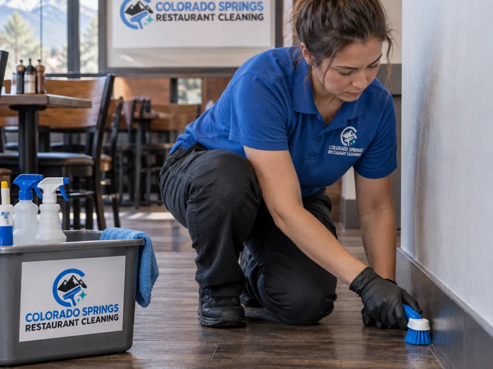Cleaner detailing baseboards and floor edges in a restaurant dining area with hard flooring