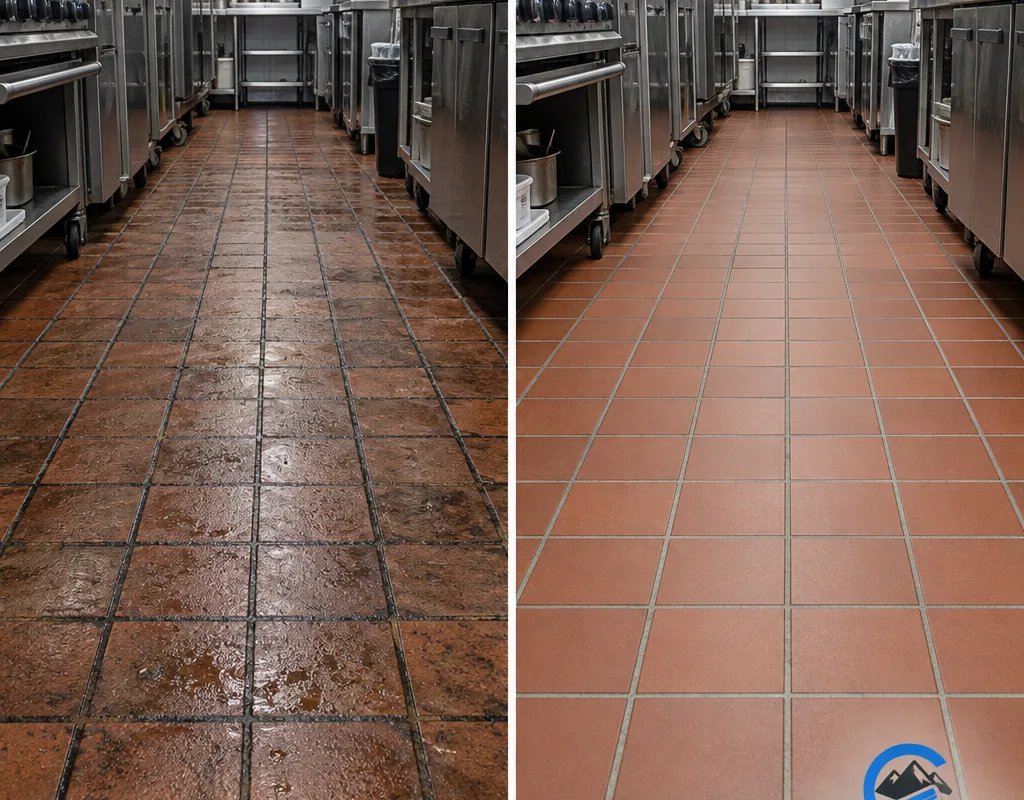 Before-and-after comparison of a restaurant kitchen quarry tile traffic lane with cleaner grout and a matte finish