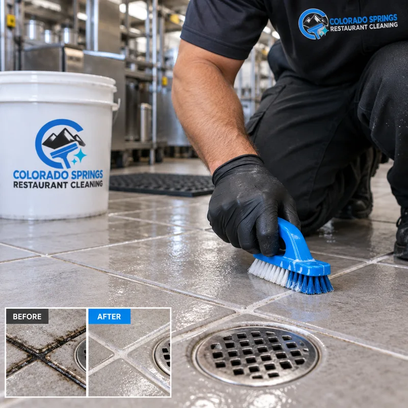 Clean grout intersections beside a floor drain after degreasing and rinse recovery