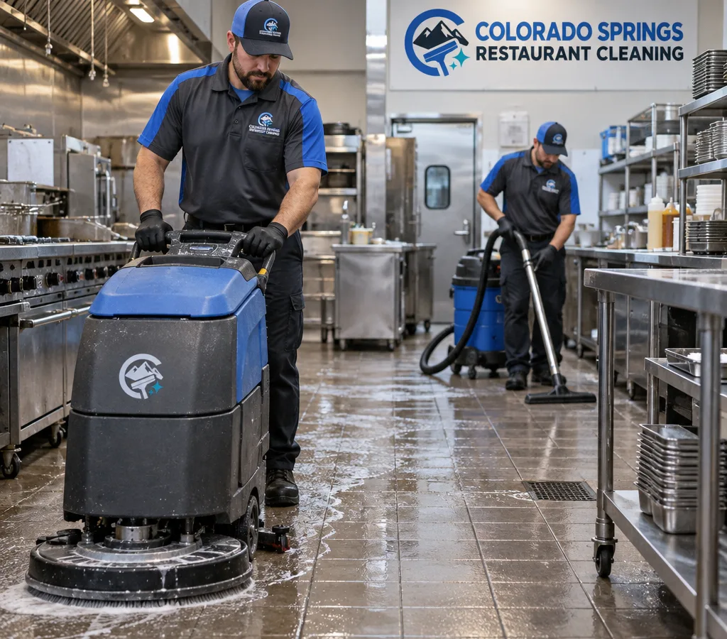 After-hours commercial kitchen crew cleaning greasy restaurant tile with an auto-scrubber and wet vacuum near prep tables