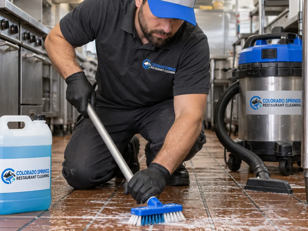 Technician scrubbing greasy grout lines on commercial kitchen tile with a deck brush and degreaser while a wet vacuum is staged nearby