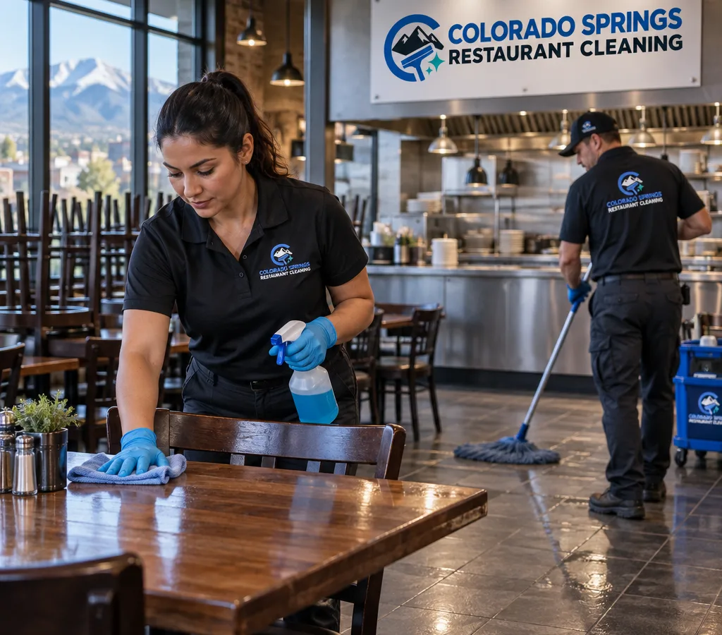 After-hours restaurant cleaning with a cleaner wiping dining tables while another mops the tile floor near a stainless prep area