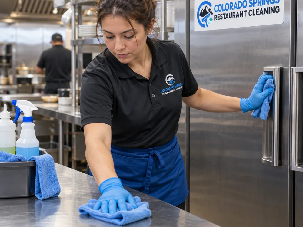 Cleaner in gloves detailing stainless prep surfaces and cooler door handles using labeled food-service cleaning supplies