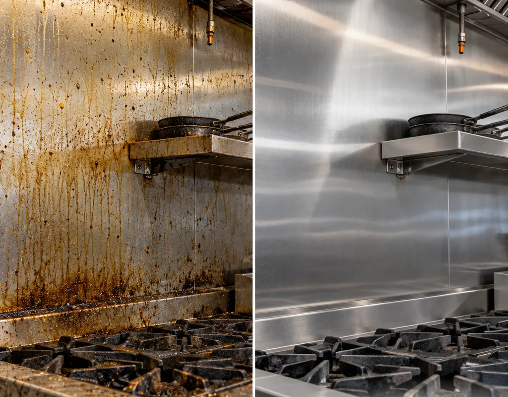 Side-by-side view of a greasy wall splash zone behind a range before cleaning and the same area after degreasing and detailing