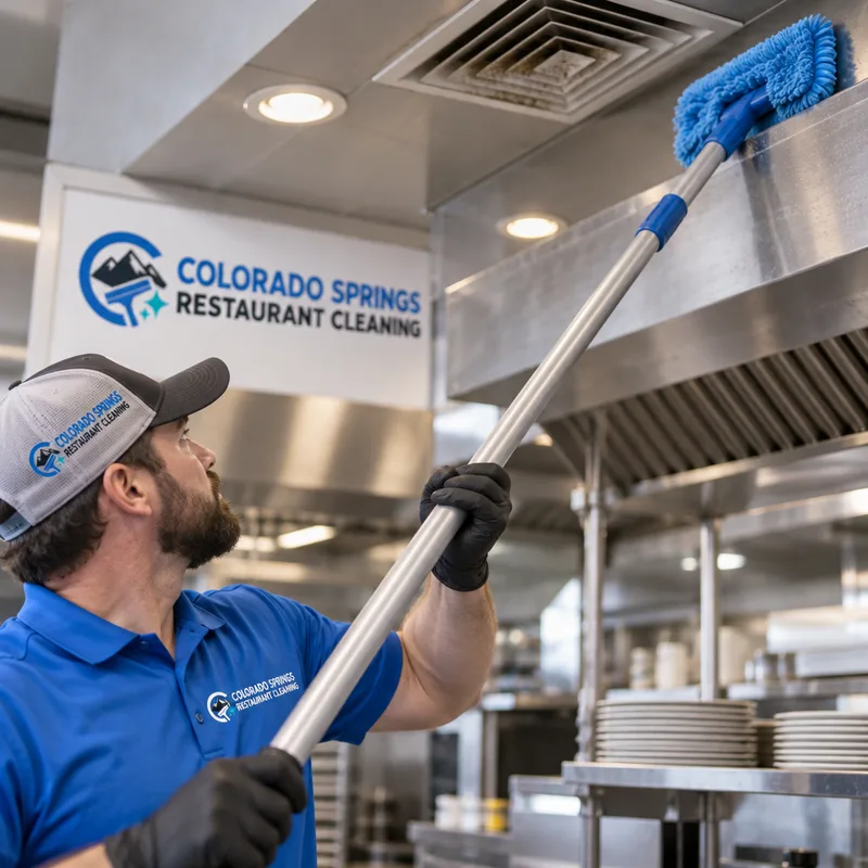 Technician using an extension pole with a microfiber head to clean dust and grease from a high kitchen ledge near HVAC diffusers and light fixtures