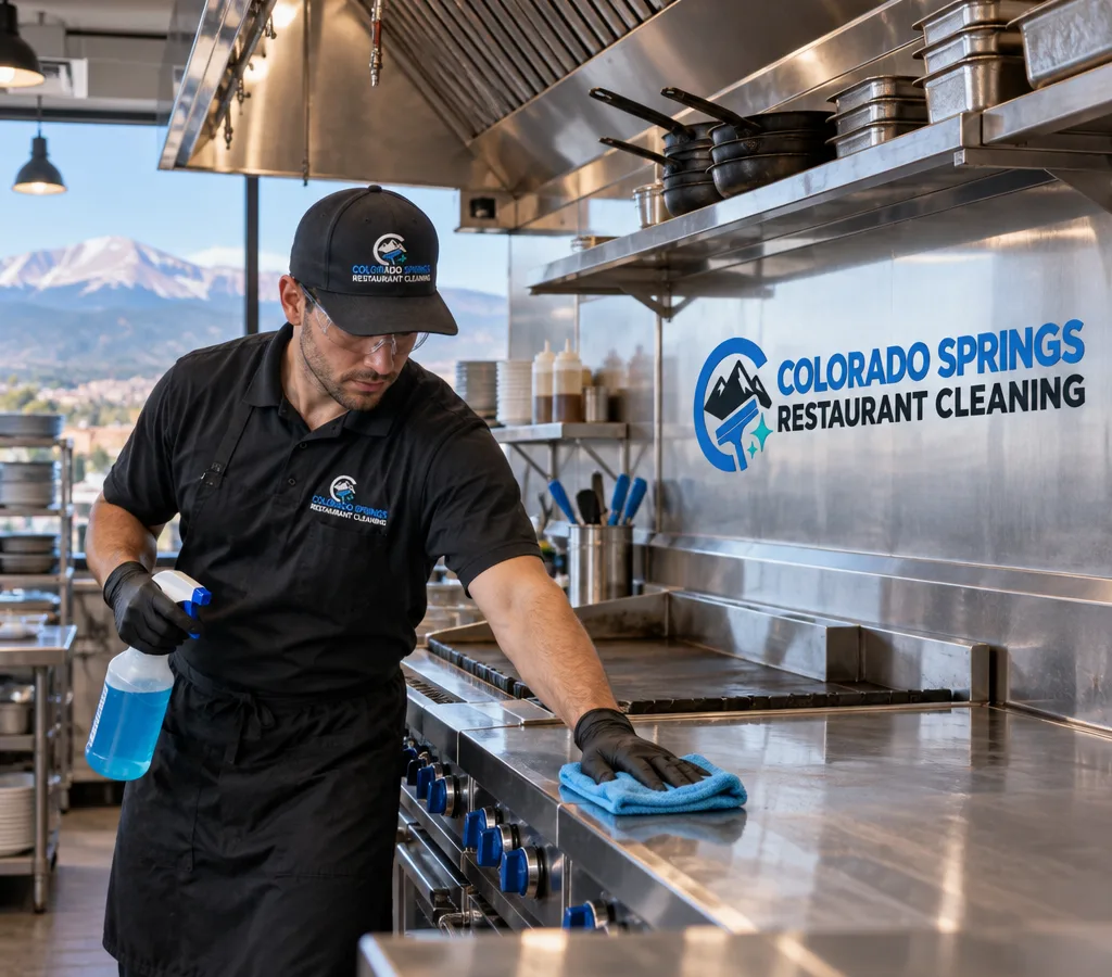A professional cleaner in PPE wiping stainless prep surfaces and detailing a commercial range area, with a visible hood and overhead ledges in a Monument restaurant kitchen