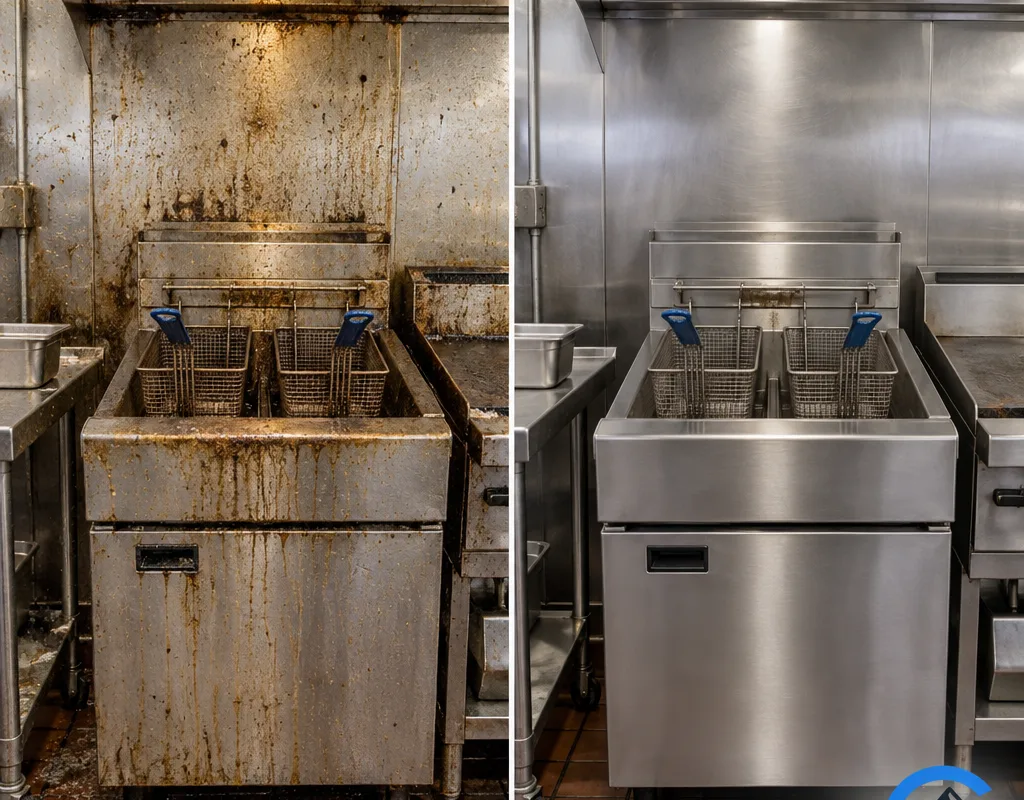 Before-and-after view of grease removal from a commercial fryer exterior and surrounding stainless wall