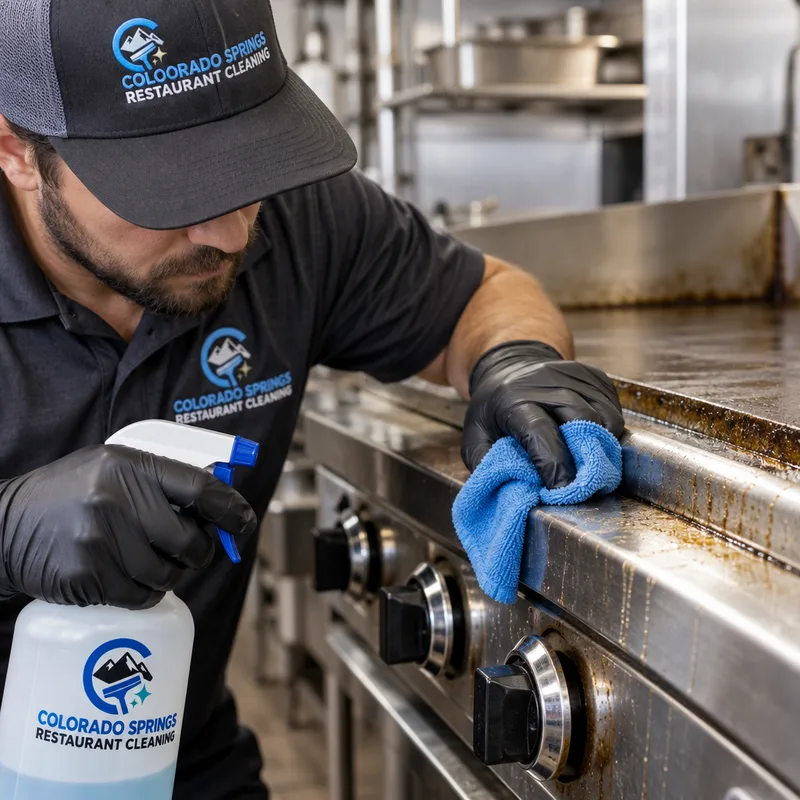 Hands cleaning grease buildup from a stainless equipment seam and control area with restaurant-appropriate supplies