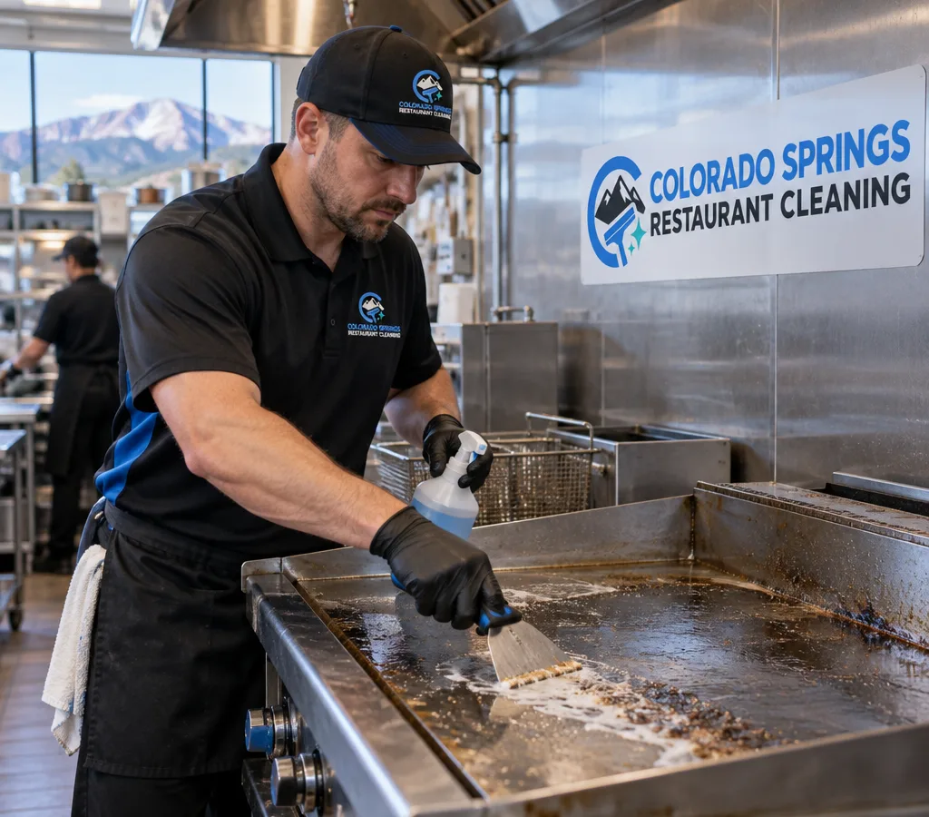 Technician cleaning a commercial flat-top and surrounding stainless surfaces in a busy restaurant kitchen