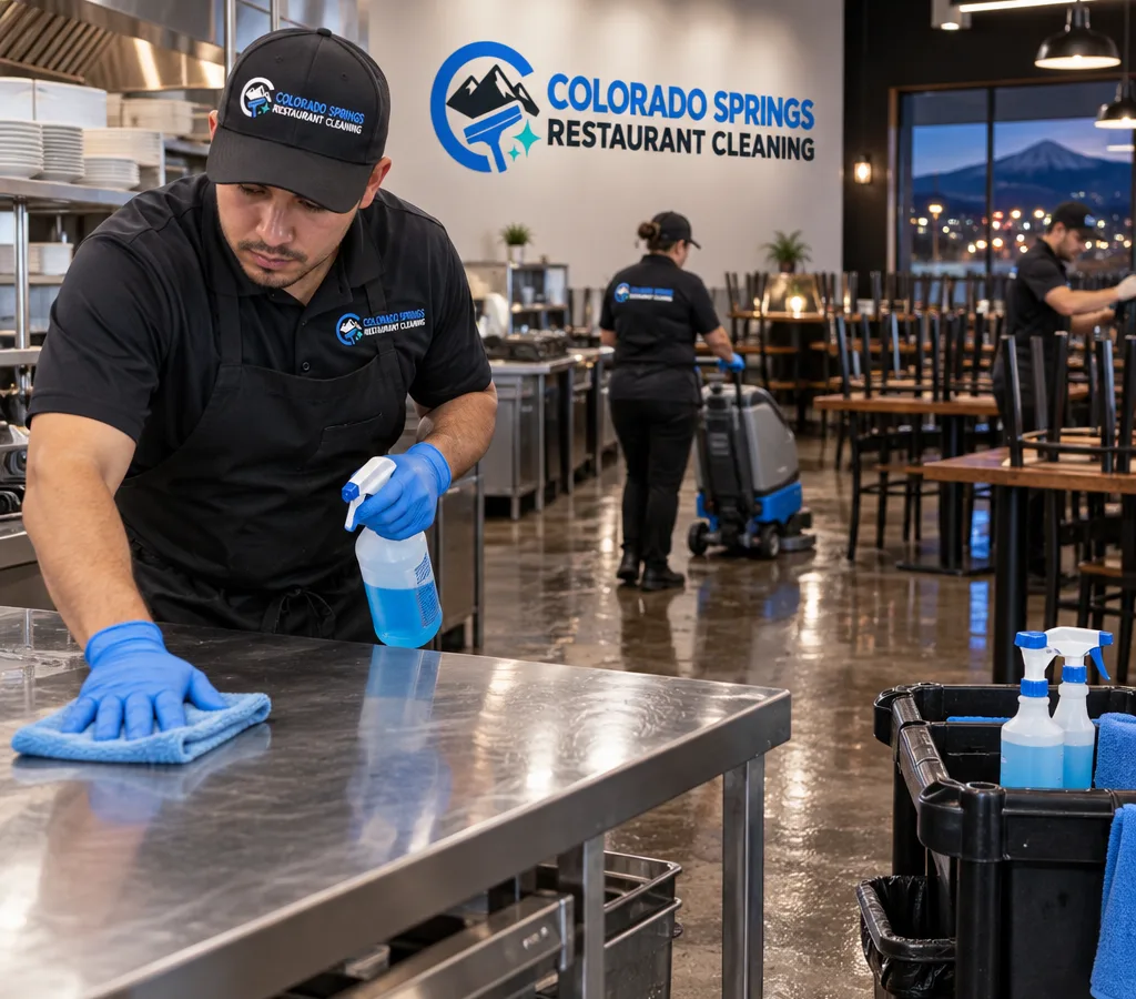 After-hours restaurant cleaner sanitizing stainless prep tables while the dining area is reset and floors are detailed