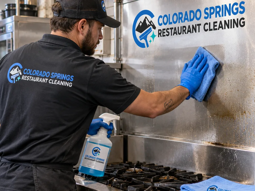 Cleaner removing grease from a stainless backsplash and equipment face panels near a commercial range