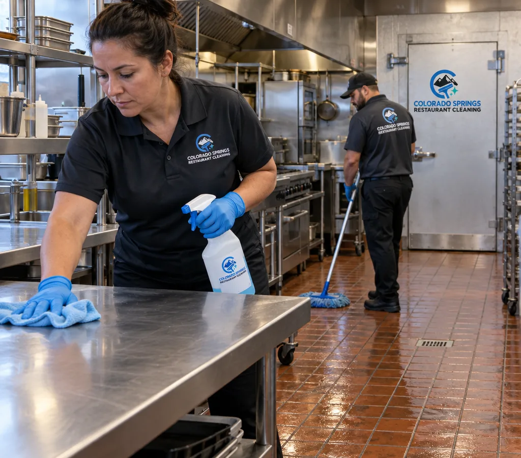 After-hours commercial kitchen cleaning in a working Pueblo restaurant, with technicians cleaning stainless prep tables and quarry tile floors