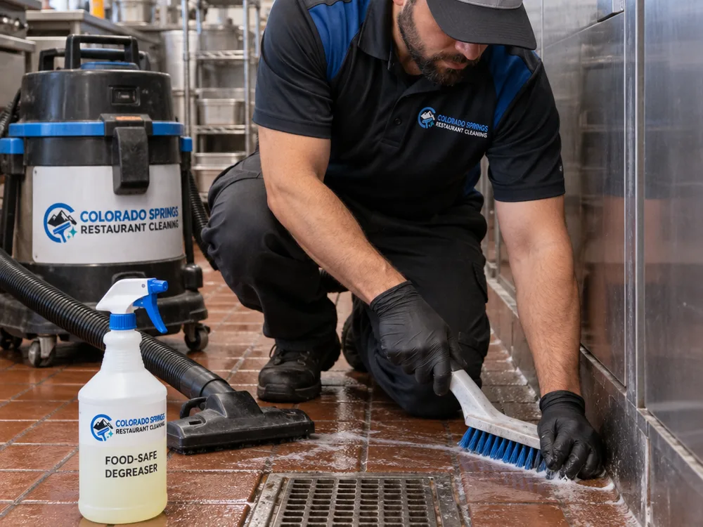 Technician detailing a commercial kitchen floor edge with a grout brush and wet-vac pickup near a floor drain