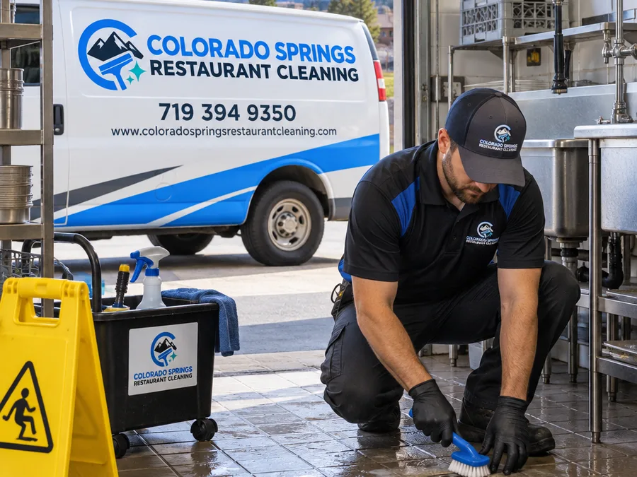 Technician cleaning around a commercial dish-area floor drain with wet floor signage