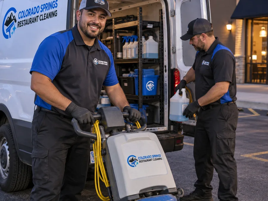 Two uniformed restaurant cleaning technicians loading labeled supplies and a floor machine for an after-hours shift