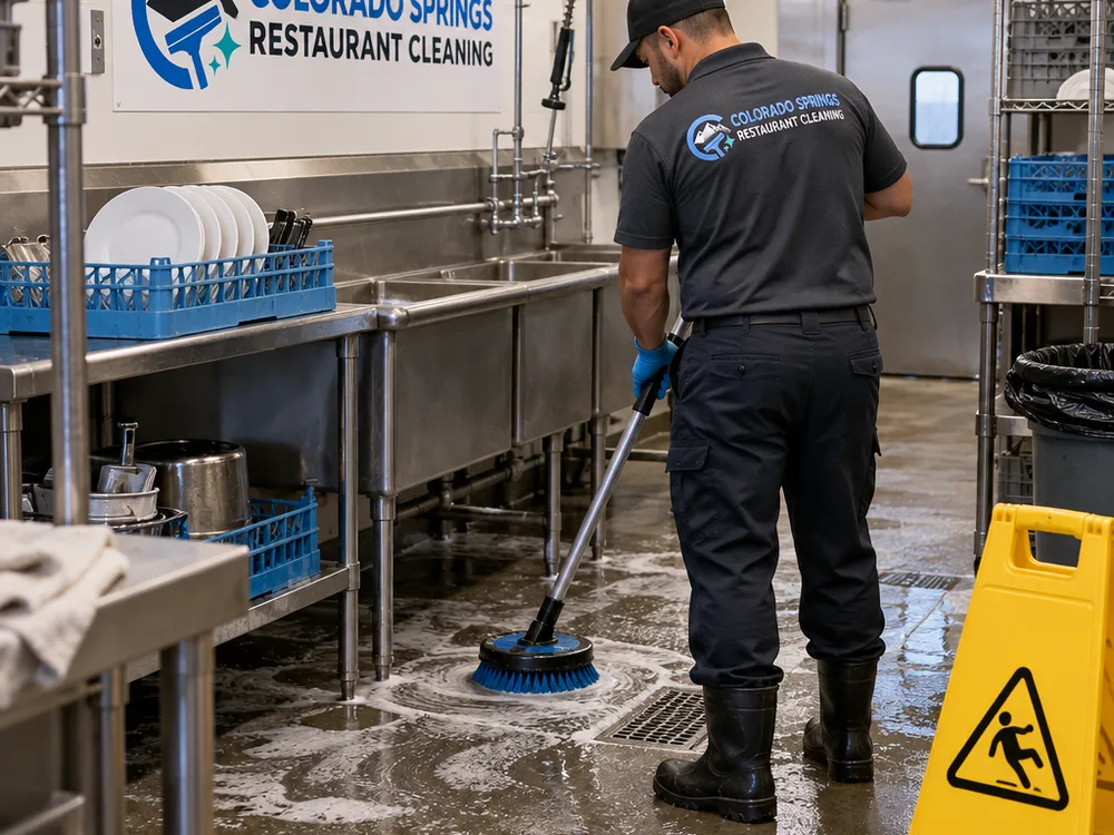 A commercial kitchen after cleaning, showing clean floors, organized prep tables, and wiped stainless fronts with no visible residue